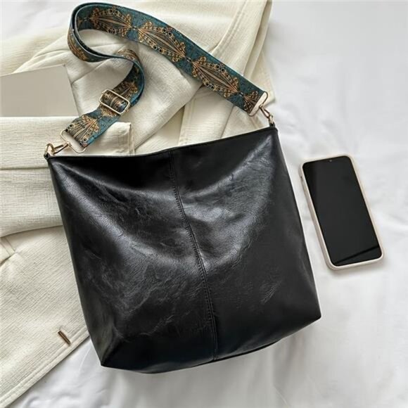 Large-capacity Faux Leather Zippered Convertible Crossbody/Shoulder Bag, Black - Picture 5 of 8